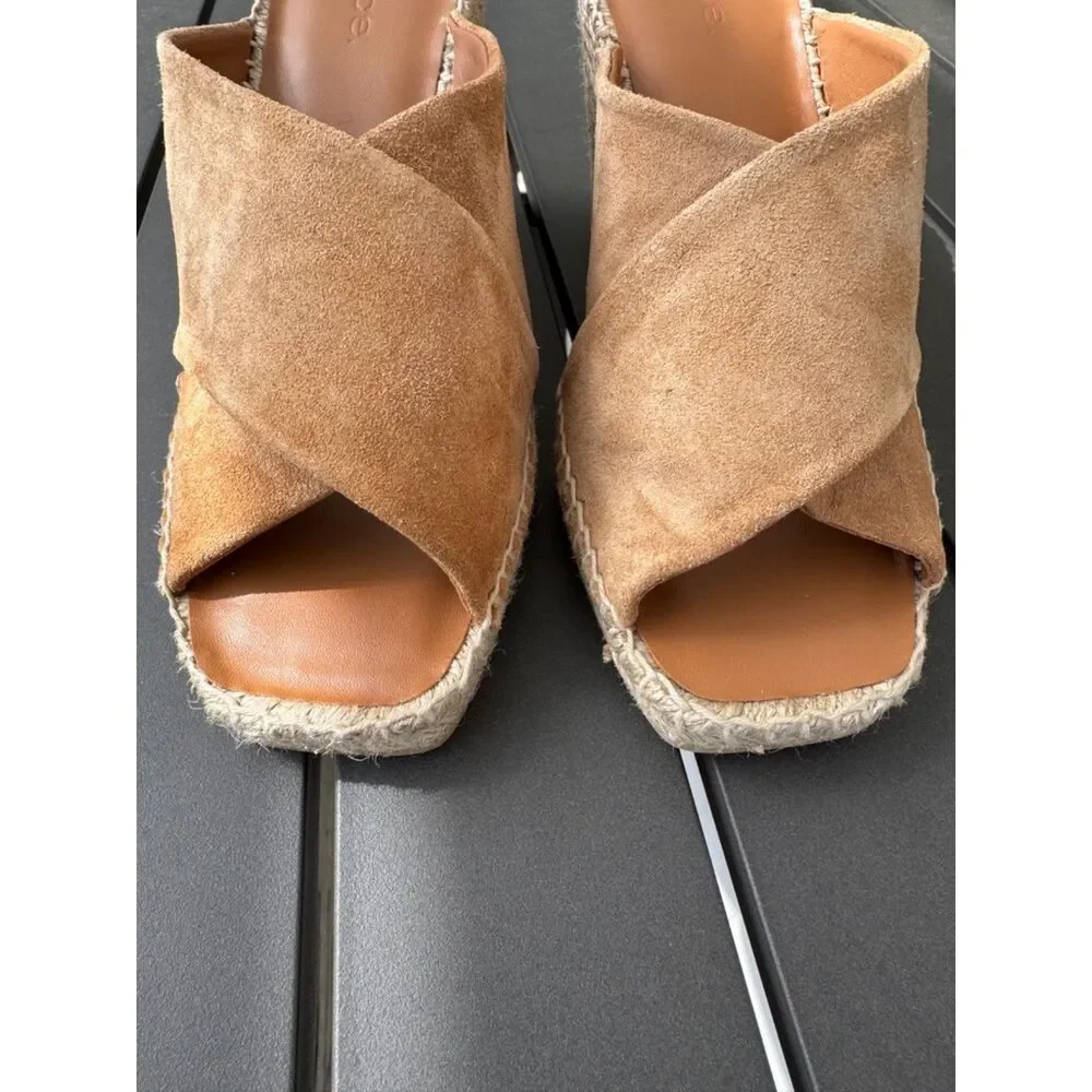 Vince Gaelan Tan Suede Espadrille Wedge SlipOn Sandals Square Peep Toe 6.5 Spain